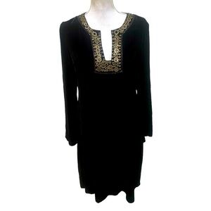 Beth Bowley black velvet silk lined dress antique gold bead trim neckline sz 12
